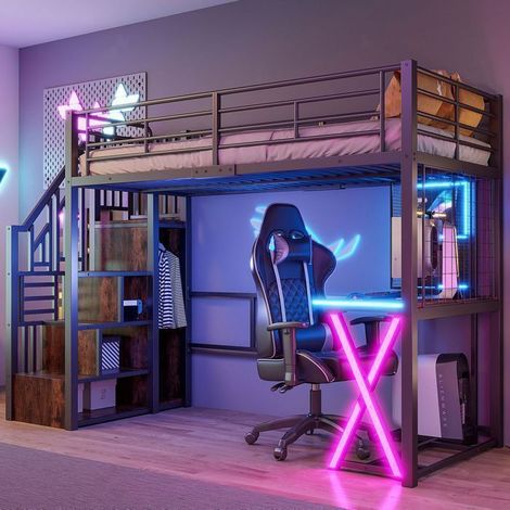 Lit Mezzanine 90x200 cm avec LED Bureau et Armoire - lit simple - Escalier Rangement, Étagères, Métal Noir Idéal Gamer (1/5)