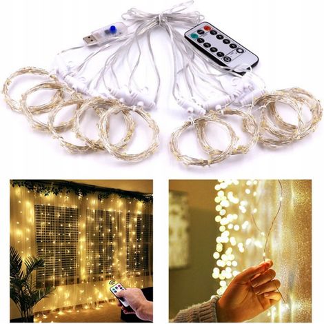 Cortina de luz USB de 3 m x 3 m con 300 LED de luz blanca cálida.