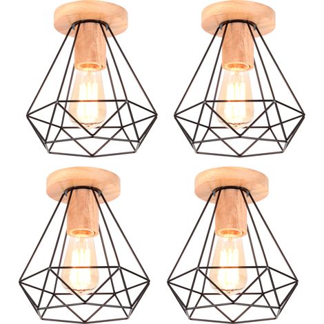 4 Pack Retro Diamond Ceiling Light Industrial Metal and Wood Cage E27 40W Ceiling Lamp for Corridor Stairs Bedroom Entrance Black (1/5)