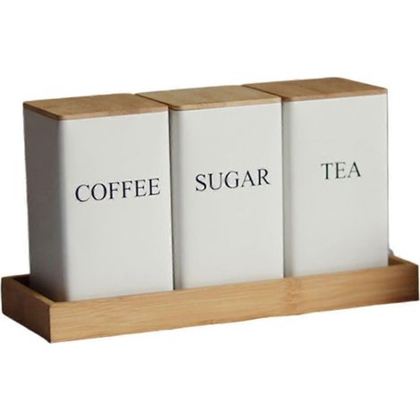 Ensemble de 3 boîtes à thé, café et sucre avec plateau, en fer, avec couvercle en bambou. (1/5)