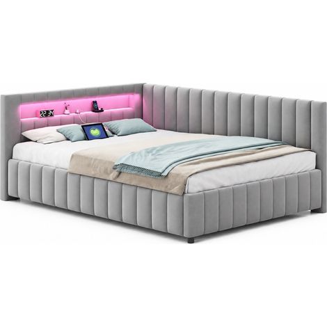 Canapé lit 140x200 en velours gris avec LED multicolore, port USB, tête de lit, structure à lattes robuste et design L pour chambre ou salon  CHICFURN (1/5)