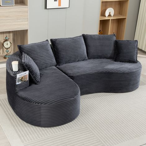 Sofá esquinero curvo de 3 plazas con portavasos, bolsillos laterales y cojín, espuma de alta densidad, 250x152x82 cm, pana gris oscuro