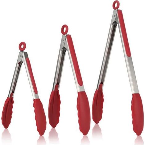 Lot de 3 pinces cuisine, acier inoxydable 18/8, poignées silicone résistantes à la chaleur, ustensiles barbecue et cuisson (1/4)