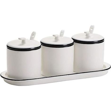 Sucre Blanc en céramique bols Pots à condôments à épices assaisonnement Box Set avec couvercle et cuillère Tray- sets de 3 (1/5)