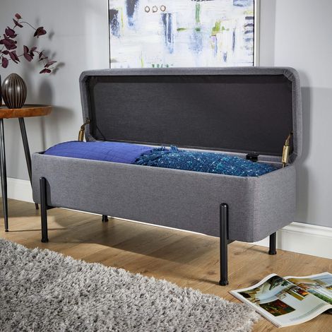 Storage Ottoman Linen Grey Metal Legs Compact Space Saving Seat Home Furniture