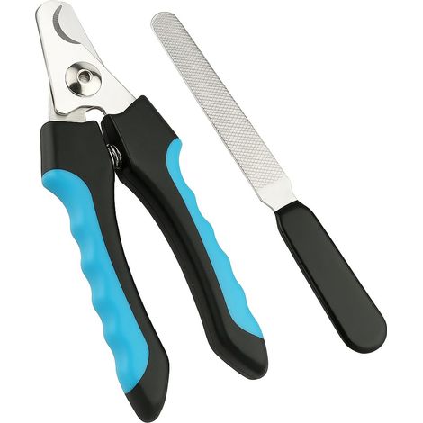 Coupe-ongles pour chiens et chats avec lime, lames inox, sécurité anti-coupure trop courte, poignées ergonomiques bleu/noir