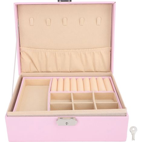Coffret à Bijoux Double Étage en Cuir PU Doux, Organisateur de Rangement avec Serrure pour Collier, Bracelet et Boucles d'Oreilles, Rose (1/5)