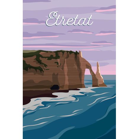 Tableau sur toile illustration Etretat crépuscule 30x45 cm - Impression sur Toile Murale Décorative - Image imprimée en HD sur Toile - Toile sur Châssis en Bois FSC - Fabriqué en France (1/4)