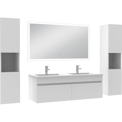 Ocean Ensemble meuble Salle de Bain 120cm avec colonne et miroir lumineux blanc (1/5)
