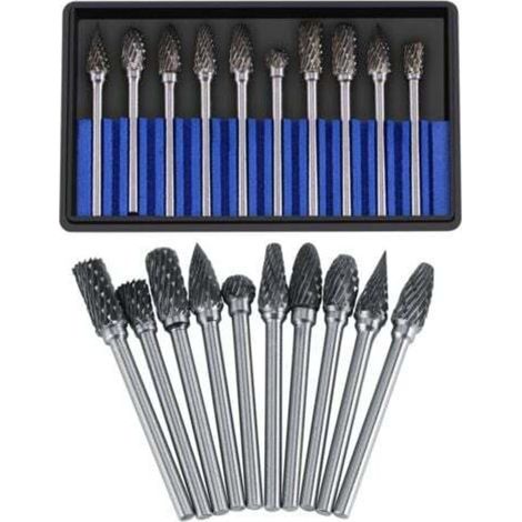10pcs Carbide Milling Cutter Set Rotary Files Tungsten Steel Cutting Head Diameter for 3mm Milling Cutter 6mm Shank Drilling Cutting Metal Polishing Engraving Drilling (Double Cut) (1/4)