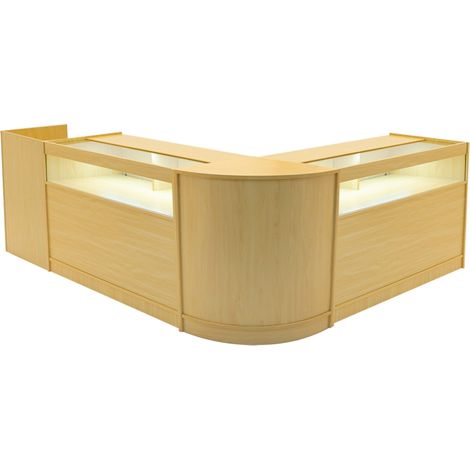 Set Mostradores Comerciales "LUNA"   Arce CM60 + 2xB1200 + TB60 MDF y vidrio templado  Estantes y puertas corredizas con cerradura  Fácil Montaje  Mostrador Recepción Expositor Comercial Mesa