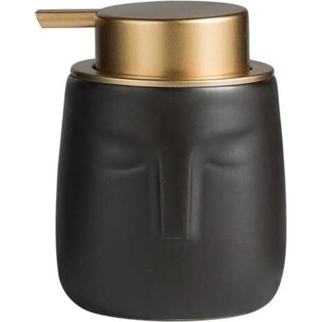(Negro) Dispensador de jabón moderno, botella de cerámica con forma de rostro y bomba dorada resistente a la corrosión, dispensador de loción decorativo para baño o cocina. (1/5)