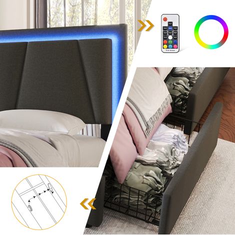 Lit plateforme 90x200cm avec rangement, têtes de lit réglables, éclairage LED intégré, 2 tiroirs, sommier en bois, matelas inclus. (1/5)
