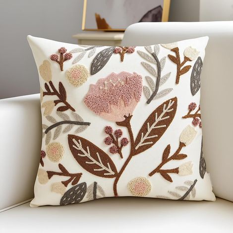 Housse de coussin carrée 45x45 cm en toile de coton brodée fleurs pastorales, décoration pour canapé et chambre, sans garnissage (1/5)