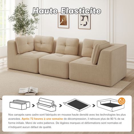 Canapé modulable beige sans accoudoirs en velours côtelé avec ottomane, assise profonde et base antidérapante pour salon et bureau (1/5)