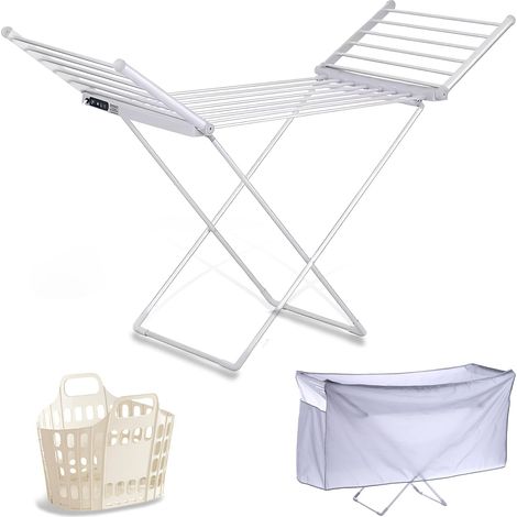 Étendoir à Linge Chauffant, Sèche Serviette Électrique Pliable, Sechoir a Linge Electrique Basse Consommation,18 Barres Aluminium,Écran LED & Minuterie,Housse Thermique & Panier Inclus (1/5)