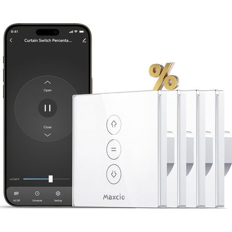 Interrupteur Connecté WiFi Volet Roulant Tactile [Fil Neutre]-4 Pack  Interrupteur Intelligent Pour Rideau Avec Contrôle De Pourcentage Compatible, Commande Vocale (1/5)