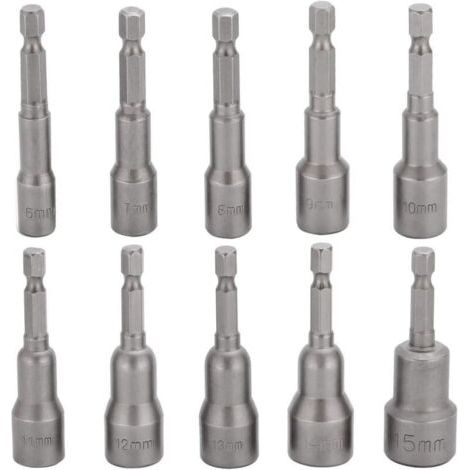 10pcs Impact Wrench Socket Bit Set 6-15mm Magnetic Hex Socket Set Magnetic Bit Set Drill Hex Socket Wrench Socket Set 1/4 Inch for Quick Change Chuck (1/3)