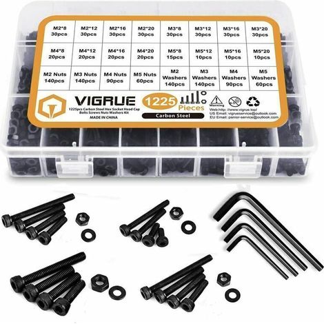 Kit 1225PCS M2 M3 M4 M5 en Acier au Carbone Bouton à tête hexagonale Socket Tête Câble Boulons Vis avec écrous Assortiment (Noir),de