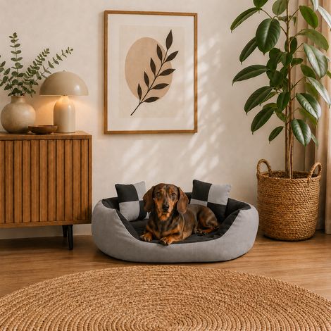 belviona 4-in-1 Hundebett, Hundekörbchen mit Wendekissen, wasserabweisend, tiefer Einstieg & 2 Spielkissen, 65x50 cm, grau/schwarz (1/5)