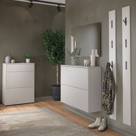 Garderoben-Set mit Spiegel & 2 Garderobenpaneelen in beige und Eiche, 5-teilig - BAIANO-01 (1/5)