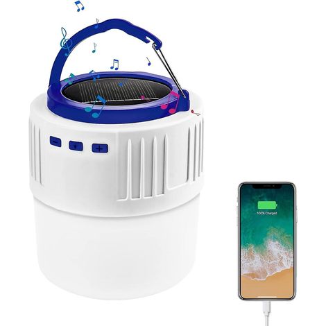 Lanterne solaire de camping LED rechargeable avec haut-parleur Bluetooth, lampe torche solaire portable et batterie externe. (1/5)
