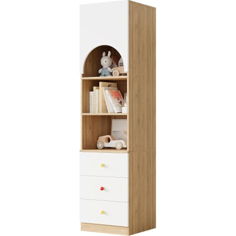 Meuble de rangement à étagères et tiroirs (3 tiroirs, 3 étagères) avec poignées en céramique et finitions combinant blanc et effet bois  dimensions : 50 × 50 × 200 cm. (1/5)