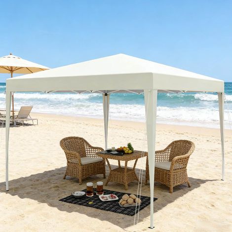 Cenador plegable de 3x3 m, altura regulable, con bolsa de transporte, techo impermeable de tela Oxford 210D de color amarillo claro. (1/5)