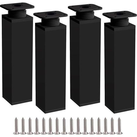 Patas para muebles ZVD, 4 patas de 20 cm, color negro, altura ajustable, fabricadas en aleación de aluminio, altura ajustable de 0 a 20 mm, incluye tornillos de acero inoxidable. (1/4)