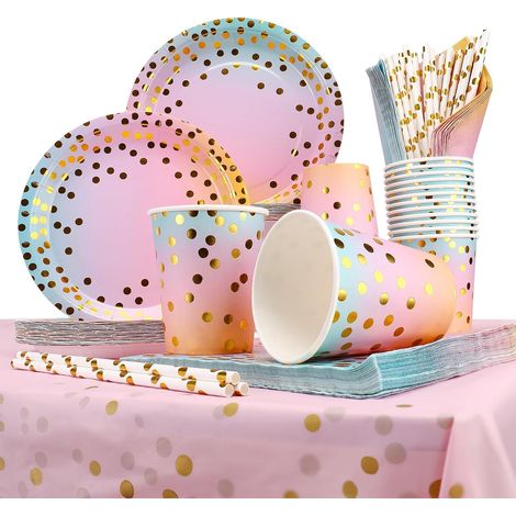 Party Vaisselle 126 pièces, Kit Vaisselle Anniversaire Ensemble Assiettes, Gobelets, Pailles, Essuie-Tout, Nappes, pour Douche de Bébé, Anniversaire, Fête, Mariages (1/5)