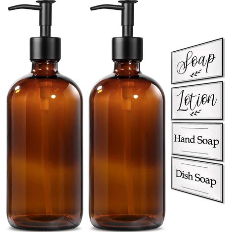 Distributeur de savon en verre, lot de 2 distributeurs de savon épais (16 cm) pour les mains et la vaisselle, avec pompe en acier inoxydable noir mat, flacon de savon style ferme vintage pour la cuisi (1/5)