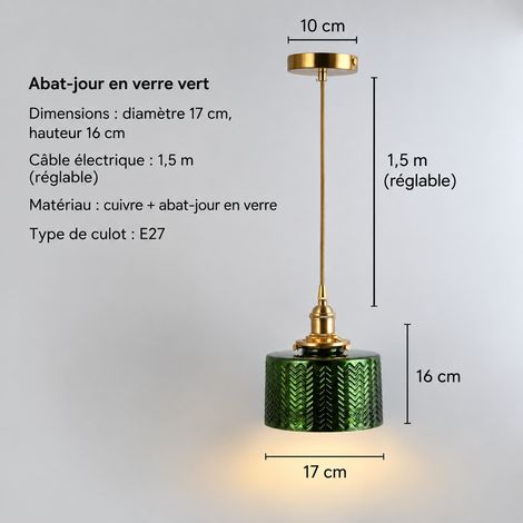 Suspension Luminaire Verre Modèle C abat-jour vert foncé avec pavillon en cuivre avec éclairage blanc chaud 6 W 23 × 23 × 20 cm 1 kg – Livraison gratuite