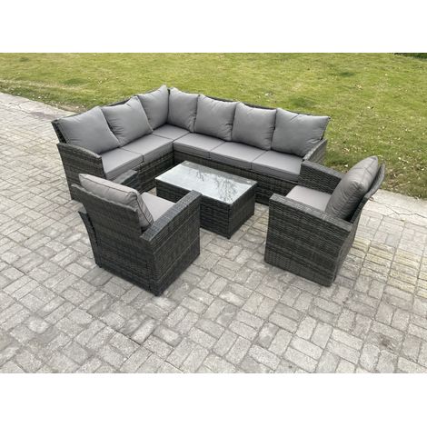 Fimous Rattan Lounge Corner Sofa Set Wicker PE Outdoor Garden Furniture Set with Rectangular Coffee Table 2 Armchairs Dark Grey Mixed