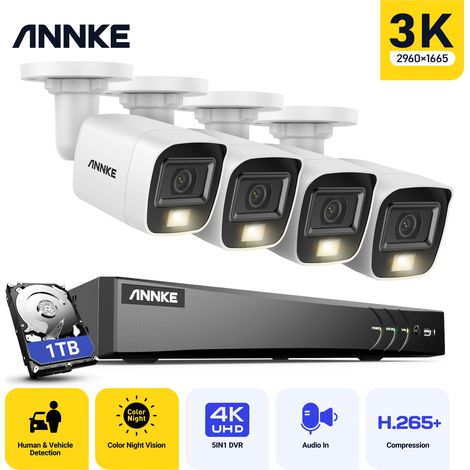 ANNKE Kit de cámara vigilancia cable, 4K DVR y 4 cámaras 5MP, visión nocturna color, micrófono incorporado, acceso remoto, 1TB (1/5)