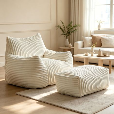 Fauteuil-Pouf relax profil courbé – Garnissage mousse haute résilience – Soutien ergonomique 5 zones – Idéal petit espace – 103 × 90 × 70 cm – Blanc (1/5)