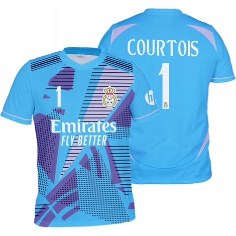 Maillot de football Courtois Real pour enfant, bleu, T-shirt de sport, Maillot de football Courtois Real 170 pour enfant, bleu, T-shirt de sport,