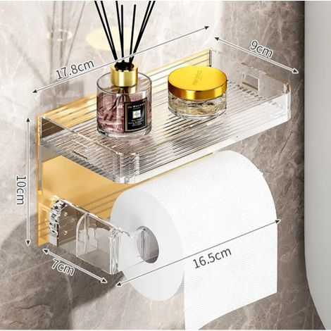 Porte-papier toilette mural doré en acrylique, étagère multifonctionnelle avec porte-parfums et rangement pour produits de soin. (1/5)