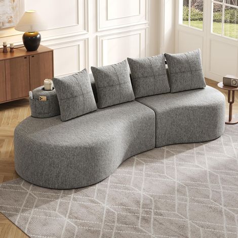 Canapé en lin avec 4 coussins, garnissage en mousse haute densité et plumes, porte-gobelet et poche latérale – Design unique, confortable et respirant, idéal pour le salon, la chambre d'amis ou le bal