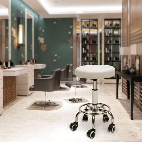 Rollhocker Höhenverstellbar, 360° Drehbar Salon Hocker Arbeitshocker mit 5 Rollen - Bis zu 150kg für Hause, Büro, Bars unb Spas (Weiß)