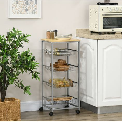 Carrello cucina 36,5/36,5/89 cm in legno e acciaio, con 4 cestelli estraibili e ruote, colore argento (1/5)