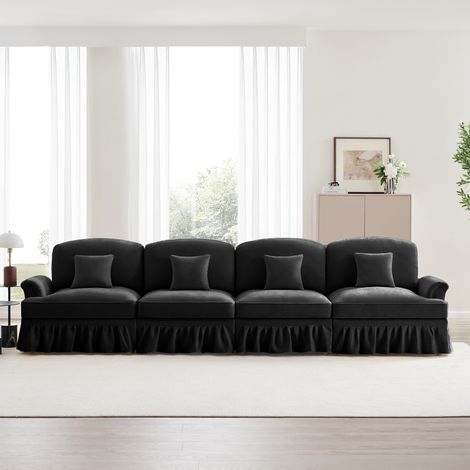 Mittelalterliches 4-Sitzer-Sofa, Chenille-Stoff, kegelförmige Armlehnen, komfortables Sofa fürs Wohnzimmer, 350x83,5x93 cm – Elegantes und modernes Sofa – Schwarz