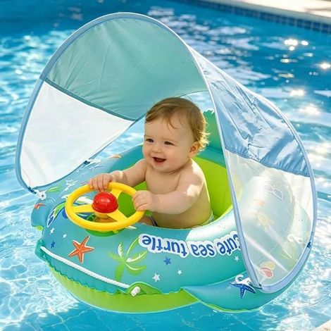 Bouée Bébé Natation avec Pare-Soleil UPF50+, Flotteur Piscine Enfant 1-4 Ans avec Jouet, Siège Bleu Sécurité Été