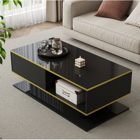 Tavolino da salotto LED 100 x 50 x 40 cm, 3 cassetti, nero e oro, finitura lucida (1/5)