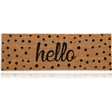 Relaxdays Fußmatte Kokos, Hello-Schriftzug, Punkte, 75 x 25 cm, rutschfester Fußabtreter, innen & außen, natur/schwarz (1/5)