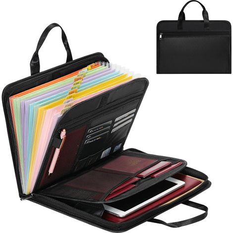 Porte Documents A4 avec Poignée, 13 Compartiment, Éclair et Étiquettes Importants Ignifuge et Etanche Dossier, Portable de Trieur Document pour Documents Passeports Reçus, Noir (36,5 × 27 × 4 cm) (1/5)