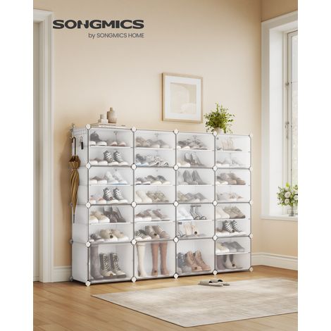 Étagère à Chaussures, Modulable, Rangement pour Chaussures, pour Vestiaire, Entrée, 16 Compartiments, pour 64 Paires, Blanc Nuage et Transparent (1/5)