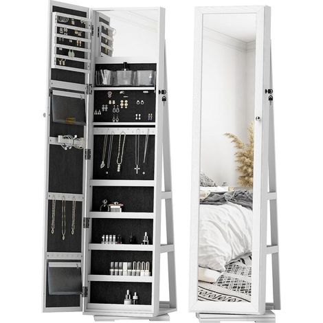 Armoire à Bijoux pivotante verrouillable boîte à bijoux avec Miroir - Armoire Bijoux Multi-Rangement - en Bois Blanc (1/5)