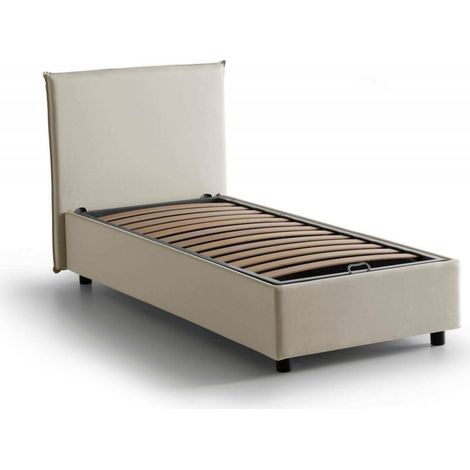 Talamo Italia Letto singolo Chelsea, Letto contenitore con rivestimento in tessuto, 100% Made in Italy, Apertura frontale, adatto per materasso Cm 90x190, Beige, con imballo rinforzato