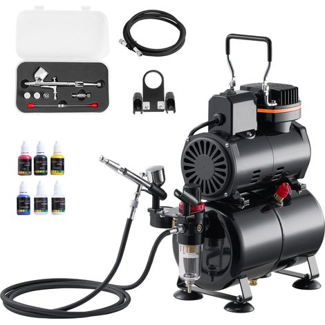 VEVOR Set Aerografo 1/6 HP Compressore deAria e Serbatoio, 1 Spruzzatore Aerografo Doppia Azione con 3 Ugelli (0,2/0,3/0,5 mm) Flusso deAria 23-25 L/min, Decorazione di Torte, Pittura di Modelli