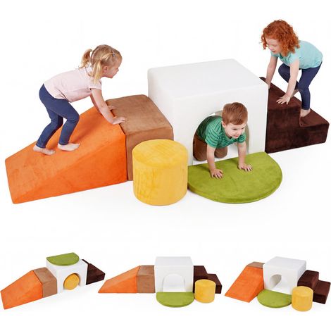 Ensemble de 6 blocs d'escalade en mousse blanc avec toboggan, arche et coussin lavable pour chambre, salon et aire de jeu (1/5)